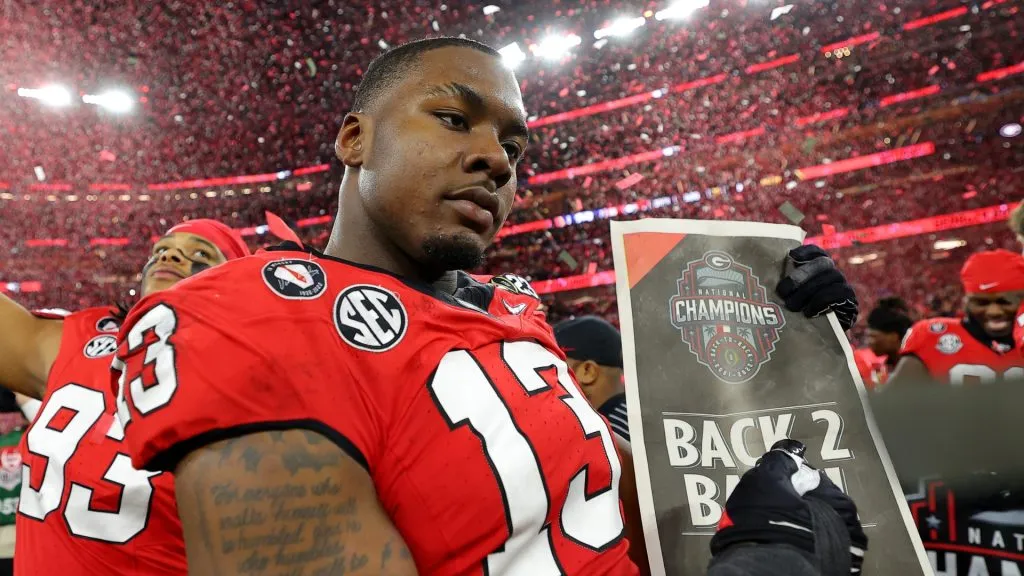 Mykel Williams #13 of the Georgia Bulldogs celebrates after defeating the TCU Horned Frogs in the College Football Playoff National Championship game at SoFi Stadium on January 09, 2023 in Inglewood, California.