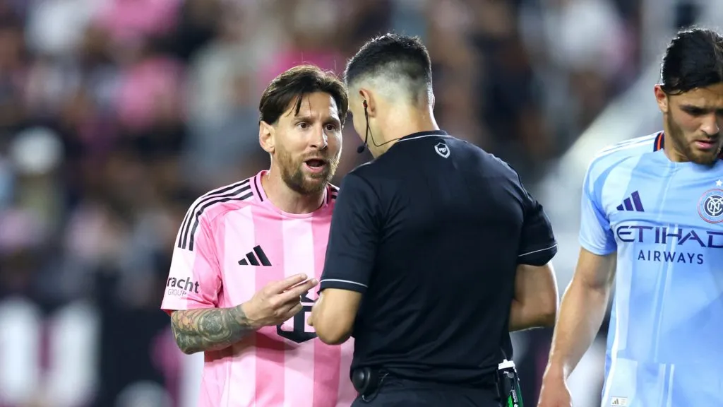 Lionel Messi argues with the referee during Inter Miami’s match against NYCF (Megan Briggs/Getty Images)