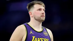 Luka Doncic #77 of the Los Angeles Lakers looks on during the first half of a game against the Dallas Mavericks.