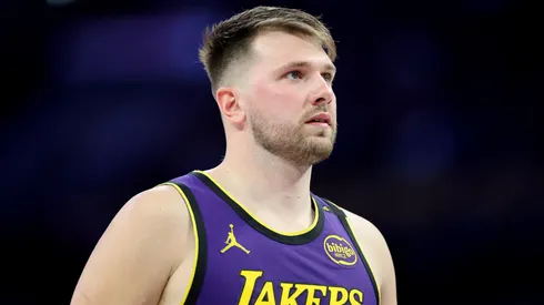 Luka Doncic #77 of the Los Angeles Lakers looks on during the first half of a game against the Dallas Mavericks.
