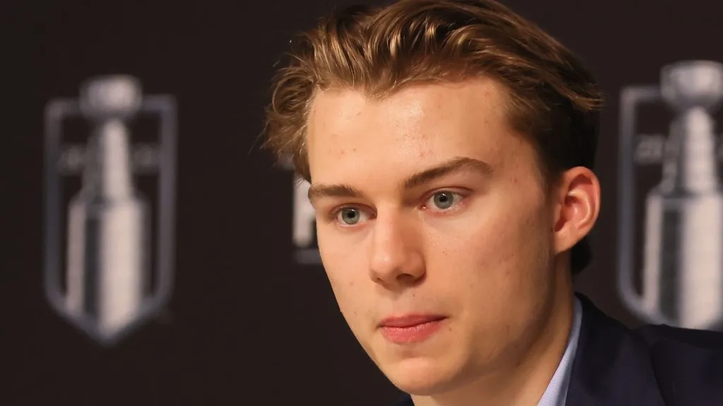 Top NHL prospect Connor Bedard speaks with the media prior to Game Two of the 2023 NHL Stanley Cup Final at T-Mobile Arena on June 05, 2023 in Las Vegas, Nevada.
