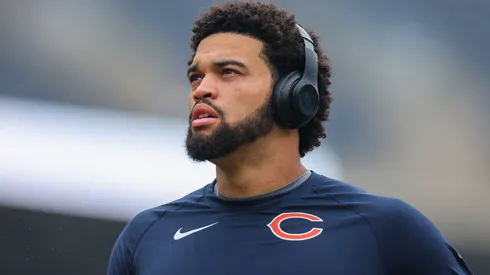 Caleb Williams #18 of the Chicago Bears looks on during warmups before playing the Los Angeles Rams at Soldier Field on September 29, 2024 in Chicago, Illinois.