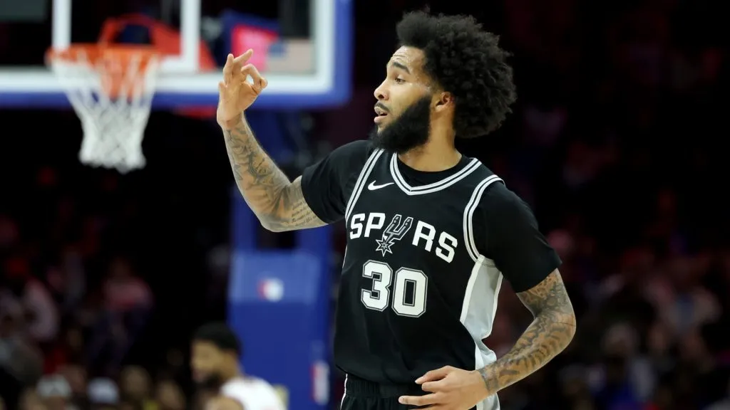 Julian Champagnie of the San Antonio Spurs during a game against the Philadelphia 76ers on December 23, 2024.