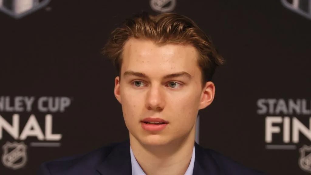 Top NHL prospect Connor Bedard speaks with the media prior to Game Two of the 2023 NHL Stanley Cup Final at T-Mobile Arena on June 05, 2023 in Las Vegas, Nevada.