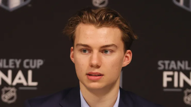 Connor Bedard speaks with the media in Las Vegas, Nevada.