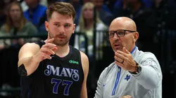 Luka Doncic #77 of the Dallas Mavericks talks with head coach Jason Kidd in the first half of the NBA In-Season Tournament game against the LA Clippers at American Airlines Center.