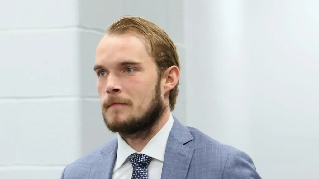 Ryan Lindgren #55 of the New York Rangers arrives for the game against the New York Islanders at UBS Arena on February 25, 2025 in Elmont, New York.