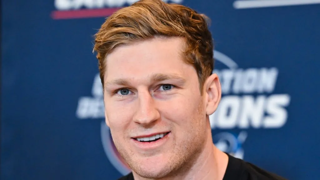 Nathan MacKinnon #29 of Canada takes questions during media day ahead of the 2025 NHL 4 Nations Face-Off at the Bell Centre on February 11, 2025 in Montreal, Quebec, Canada.
