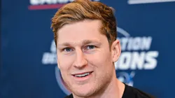 Nathan MacKinnon #29 of Canada takes questions during media day ahead of the 2025 NHL 4 Nations Face-Off at the Bell Centre on February 11, 2025 in Montreal, Quebec, Canada.