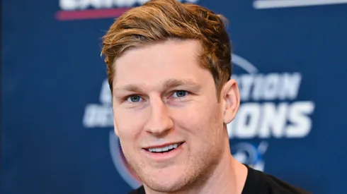 Nathan MacKinnon #29 of Canada takes questions during media day ahead of the 2025 NHL 4 Nations Face-Off at the Bell Centre on February 11, 2025 in Montreal, Quebec, Canada.