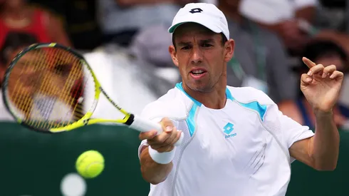 Dominik Hrbaty of Slovakia plays a forehand in his match against Philipp Kohlschreiber of Germany during day two of the 2009 Heineken Open at ASB Tennis Centre.