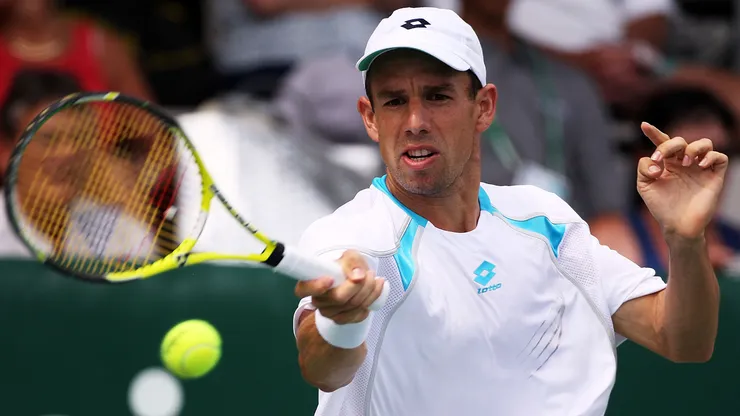 Dominik Hrbaty of Slovakia plays a forehand in his match against Philipp Kohlschreiber of Germany during day two of the 2009 Heineken Open at ASB Tennis Centre.