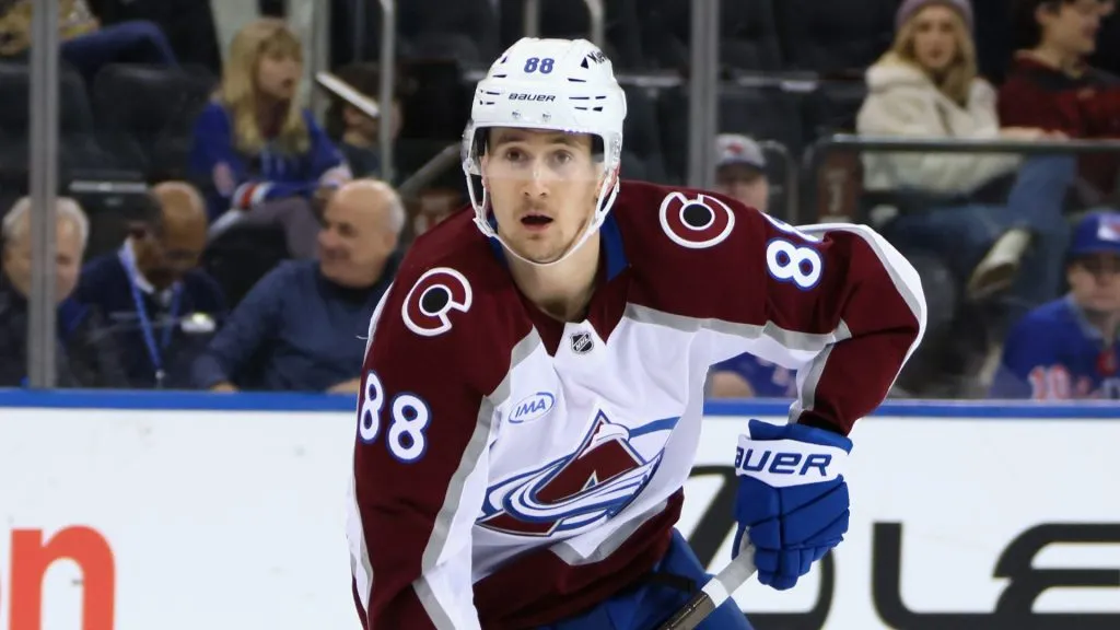 Martin Necas #88 of the Colorado Avalanche skates against the New York Rangers during the first period at Madison Square Garden on January 26, 2025 in New York City.