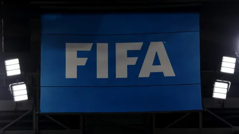 View of the FIFA logo on a flag during the FIFA World Cup Qatar 2022 Group F match between Canada and Morocco.