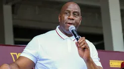 Earvin 'Magic' Johnson, a new owner of the Washington Commanders, delivers remarks during a press conference introducing the team's new ownership on July 21, 2023 in Landover, Maryland.