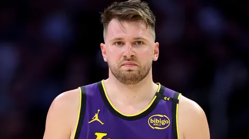 Luka Doncic #77 of the Los Angeles Lakers looks on during the first half of a game against the Dallas Mavericks at Crypto.com Arena on February 25, 2025 in Los Angeles, California.
