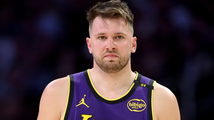 Luka Doncic #77 of the Los Angeles Lakers looks on during the first half of a game against the Dallas Mavericks at Crypto.com Arena on February 25, 2025 in Los Angeles, California.