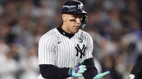 Aaron Judge #99 of the New York Yankees reacts after a double during the eighth inning of Game Five of the 2024 World Series against the Los Angeles Dodgers at Yankee Stadium on October 30, 2024 in the Bronx borough of New York City.