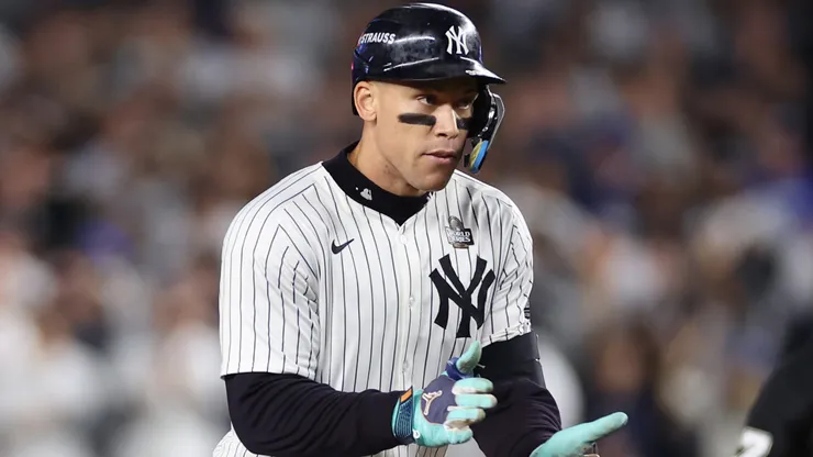 Aaron Judge #99 of the New York Yankees reacts after a double during the eighth inning of Game Five of the 2024 World Series against the Los Angeles Dodgers at Yankee Stadium on October 30, 2024 in the Bronx borough of New York City.