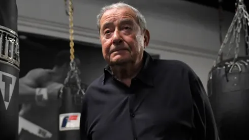 Top Rank Founder and CEO Bob Arum looks on during a media workout for Teofimo Lopez at the City Athletic Boxing Gym on November 04, 2021 in Las Vegas, Nevada.