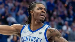 Otega Oweh #00 of the Kentucky Wildcats protests a no call during the second half against the South Carolina Gamecocks at Rupp Arena on February 8, 2025 in Lexington, Kentucky.