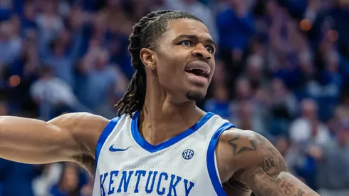 Otega Oweh #00 of the Kentucky Wildcats protests a no call during the second half against the South Carolina Gamecocks at Rupp Arena on February 8, 2025 in Lexington, Kentucky.