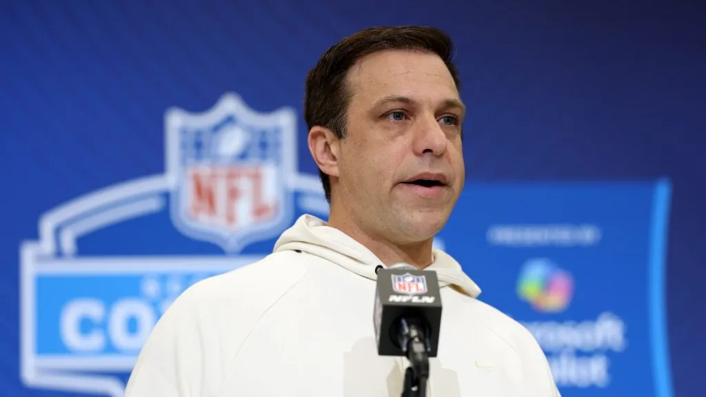 General manager Brett Veach of the Kansas City Chiefs speaks to the media during the NFL Scouting Combine at the Indiana Convention Center on February 25, 2025 in Indianapolis, Indiana.