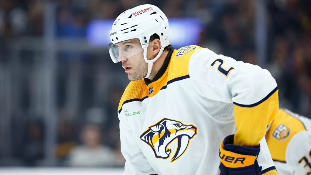 Luke Schenn #2 of the Nashville Predators in the third period at Crypto.com Arena in Los Angeles, California. (Photo by Ronald Martinez/Getty Images)