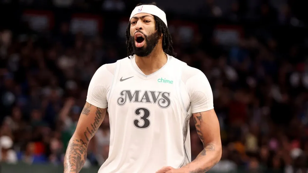 Anthony Davis #3 of the Dallas Mavericks reacts after a basket during the third quarter against the Houston Rockets.