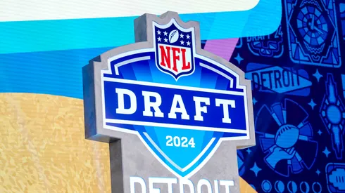 A detail of the NFL logo for the 2024 NFL draft during round four of the 2024 NFL draft at Campus Martius Park and Hart Plaza on April 27, 2024 in Detroit, Michigan.