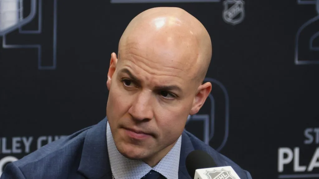 Head coach Spencer Carbery of the Washington Capitals speaks with the media prior to Game One of the First Round of the 2024 Stanley Cup Playoffs against the New York Rangers at Madison Square Garden on April 21, 2024 in New York City.