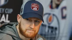 Nathan MacKinnon #29 of the Colorado Avalanche speaks with the media during the 2022 NHL Stanley Cup Final Media Day at Ball Arena on June 14, 2022 in Denver, Colorado.