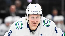 Brock Boeser #6 of the Vancouver Canucks looks on during the third period of a game against the Utah Hockey Club