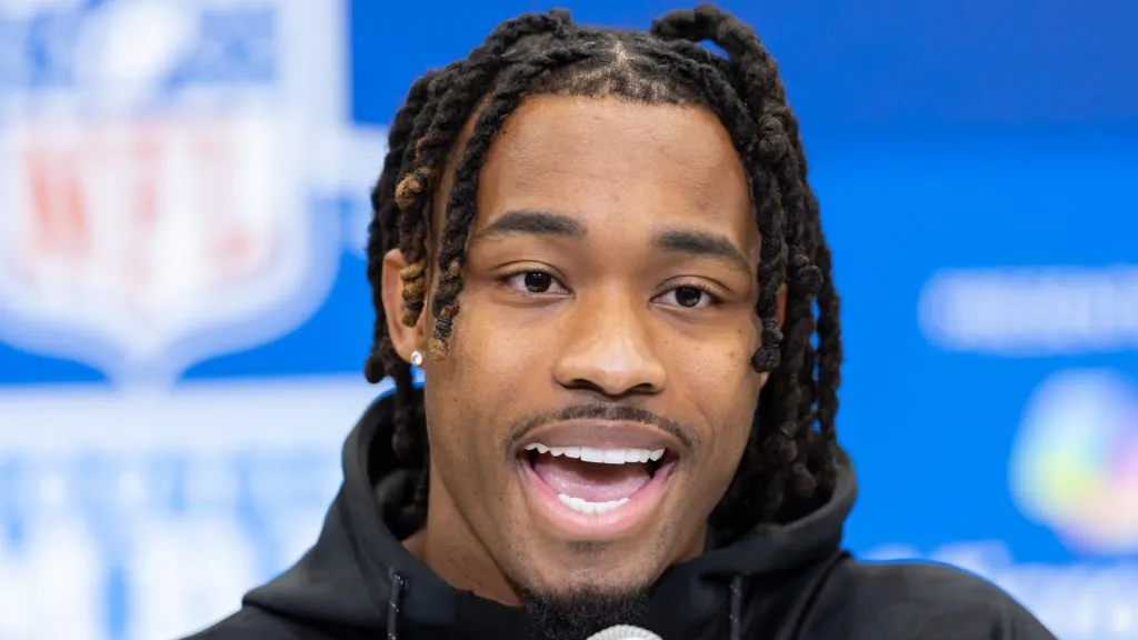 Jahdae Barron of Texas speaks to the media during the 2025 NFL Scouting Combine at Lucas Oil Stadium on February 27, 2025 in Indianapolis, Indiana.