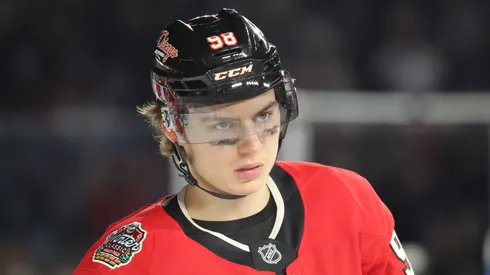 Connor Bedard #98 of the Chicago Blackhawks reacts after a 6-2 loss against the St. Louis Blues in the 2024 NHL Winter Classic at Wrigley Field on December 31, 2024 in Chicago, Illinois.