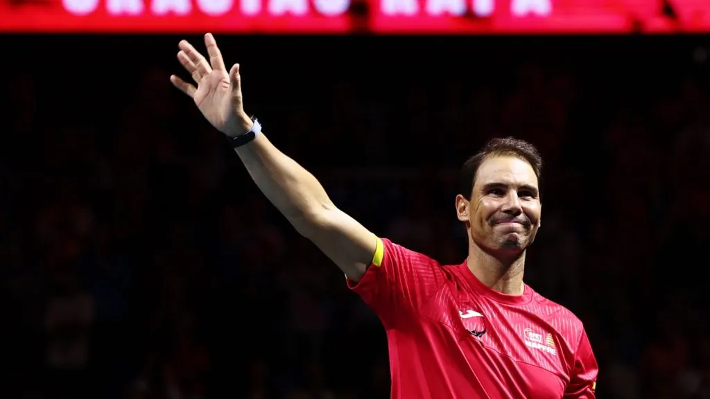 Rafael Nadal waves to fans following his retirement speech following the quarterfinal tie between Netherlands and Spain during the Davis Cup. (Matt McNulty/Getty Images for ITF)