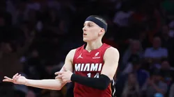 Tyler Herro #14 of the Miami Heat celebrates after making a basket against the Atlanta Hawks