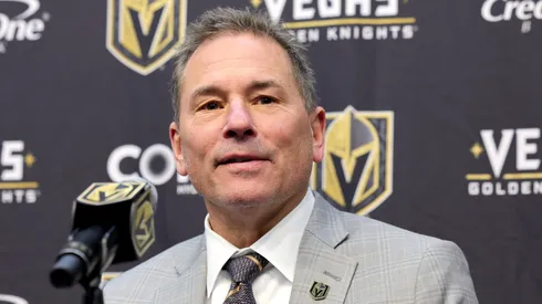 Head coach Bruce Cassidy of the Vegas Golden Knights speaks during a news conference after the team's 4-1 victory over the Minnesota Wild at T-Mobile Arena on January 12, 2025 in Las Vegas, Nevada.