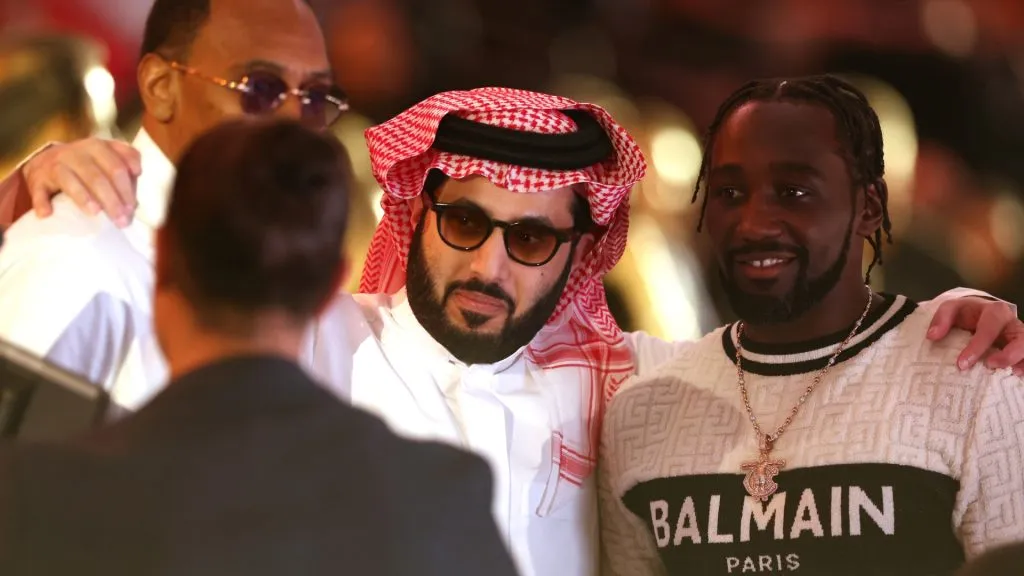 (L-R) ESPN commentator Stephen A. Smith, Saudi Arabian adviser Turki Al-AlShaikh, and boxer Terrence Crawford pose during UFC 306: Riyadh Season Noche at Sphere on September 14, 2024 in Las Vegas, Nevada. (Photo by Christian Petersen/Getty Images)