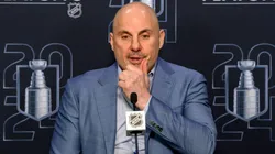 Head coach Rick Tocchet of the Vancouver Canucks looks on against the Chicago Blackhawks during the first period at the United Center.