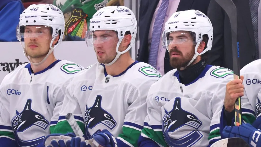 Vancouver Canucks play against the Chicago Blackhawks during the first period at the United Center on October 22, 2024 in Chicago, Illinois. (Photo by Michael Reaves/Getty Images)