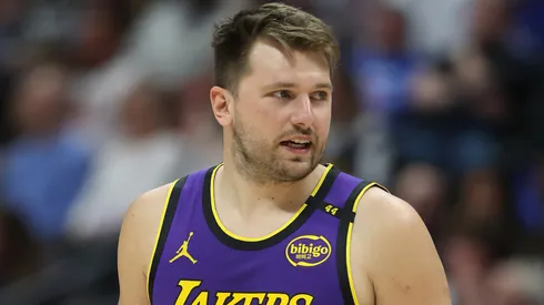 Luka Doncic #77 of the Los Angeles Lakers plays the Denver Nuggets.