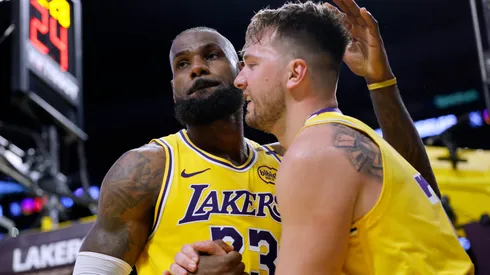 LeBron James and Luka Doncic of the Los Angeles Lakers during a game against the Utah Jazz.