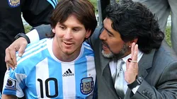 Diego Maradona head coach of Argentina talks with Lionel Messi during the 2010 FIFA World Cup.