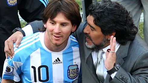 Diego Maradona head coach of Argentina talks with Lionel Messi during the 2010 FIFA World Cup.