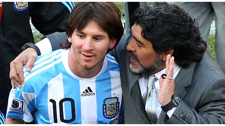 Diego Maradona head coach of Argentina talks with Lionel Messi during the 2010 FIFA World Cup.