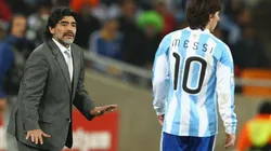 Diego Maradona head coach of Argentina gestures to Lionel Messi of Argentina during to the 2010 FIFA World Cup South Africa Round of Sixteen match between Argentina and Mexico at Soccer City Stadium on June 27, 2010 in Johannesburg, South Africa.