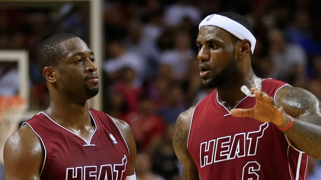 Dwyane Wade #3 and LeBron James #6 of the Miami Heat on court against the Indiana Pacers