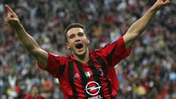 Andriy Shevchenko celebrates scoring the first goal during the UEFA Champions League semi-final first leg match between AC Milan and PSV Eindhoven.
