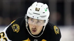 Brad Marchand #63 of the Boston Bruins looks on against the New York Rangers during the first period at Madison Square Garden on January 02, 2025 in New York City.